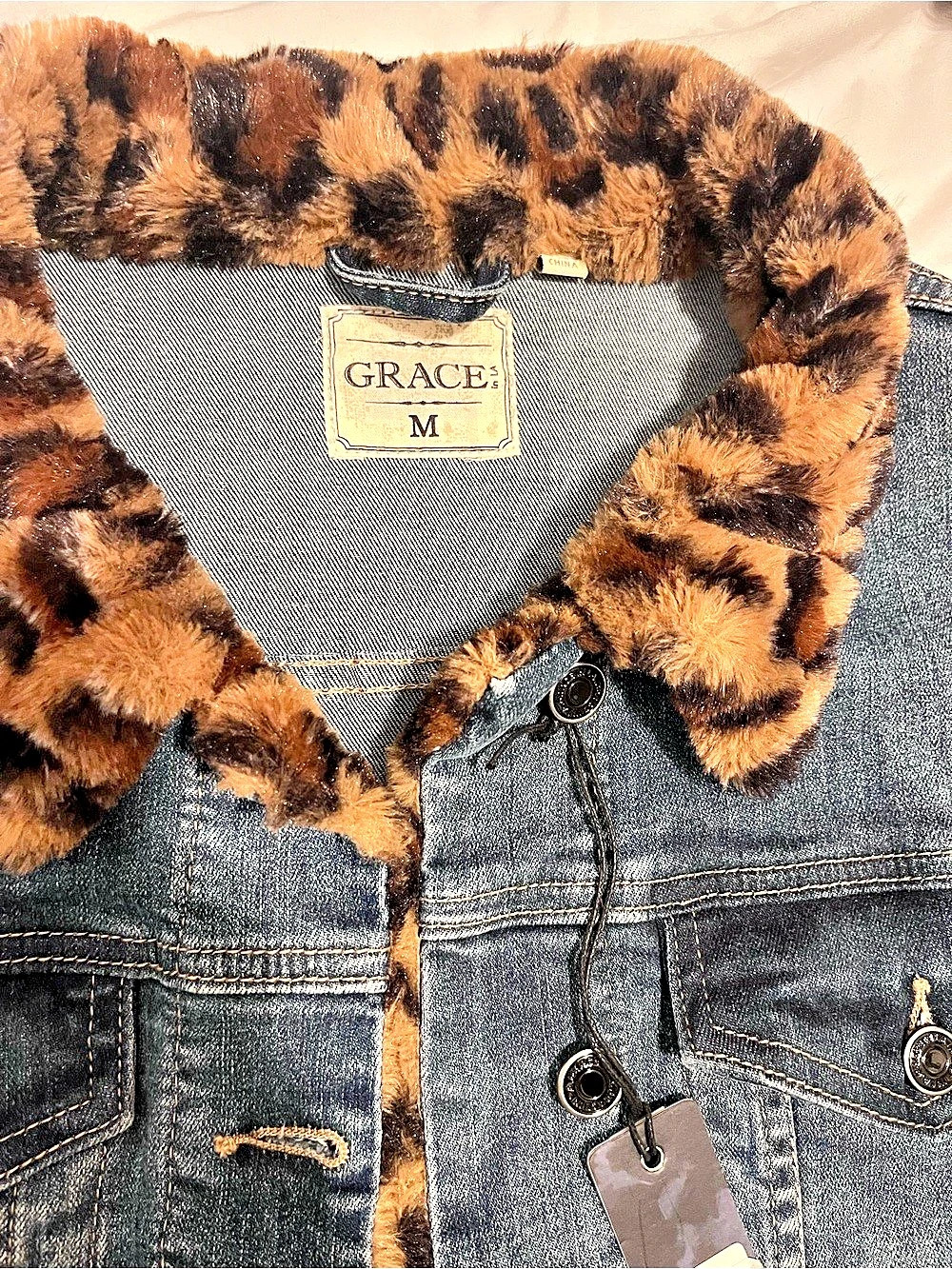 NWT Grace Leopard Faux Fur Lined Denim Jacket - Medium